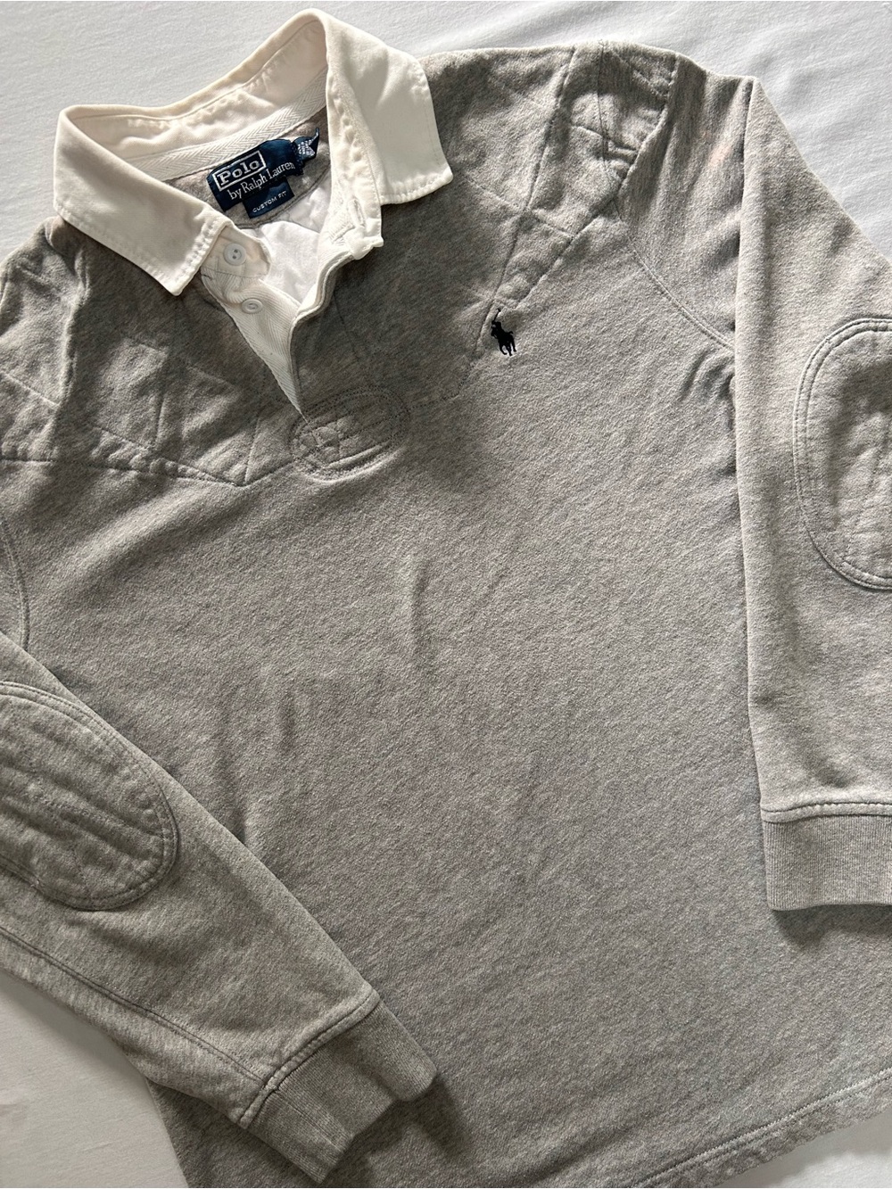 Polo Ralph Lauren Quilted Rugby Pullover Gray Elbow Patch